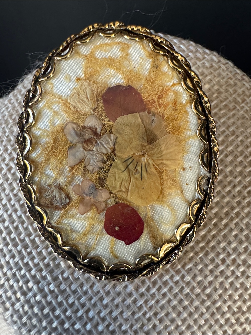 VTG 1960s Dried Flower Cameo Brooch Pendant Gold Tone Frame